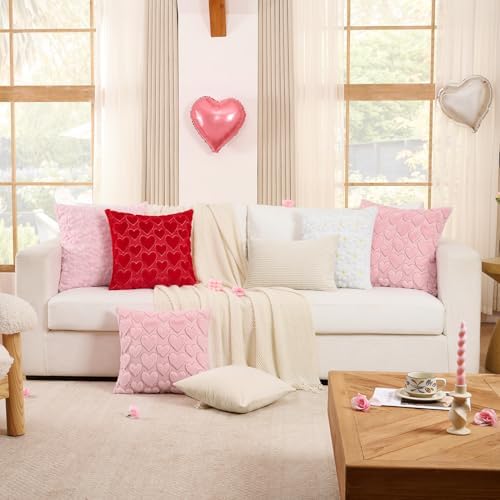 Softalker Spring Decorative Throw Pillow Covers 20 x 20 Inch Set of 2, Farmhouse Summer Floral Daisy Soft Faux Fur Cushion Covers, 3D Pillow Cases for Couch Bedroom Living Sofa Room Home Decor, Pink