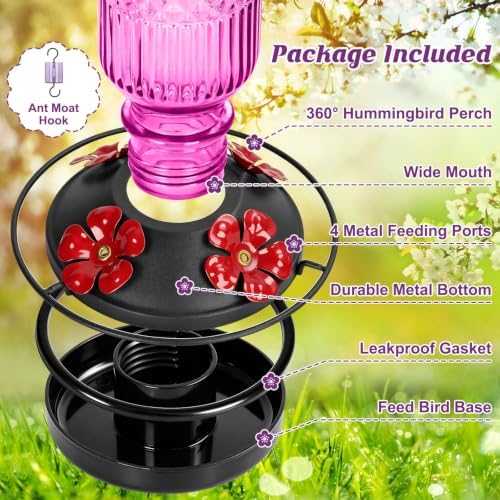 FEED GARDEN Glass Hummingbird Feeder for Outdoors, Leak-Resistant, 16 oz