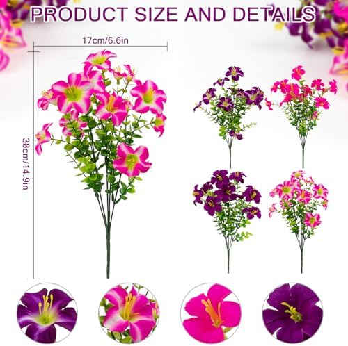 2 Set Artificial Outdoor Petunias Flowers with Hanging Baskets, 24 Pcs UV Resistant Faux Petunias Flowers with Hanging Planter for Front Door Porch Spring Outside Decor (2, RoseRed,RedViolet)