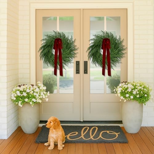 ENVEN Artificial Norfolk Pine & Cedar Christmas Wreath with Velvet Bow – Real Touch Faux Greenery Holiday Front Door Decoration for Indoor Outdoor Use