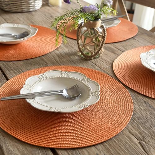 FunWheat Round Braided Placemats Set of 6 Table Mats for Dining Tables Woven Washable Non-Slip Place mats 15 Inch for Fall Decoration(Pumpkin Orange)