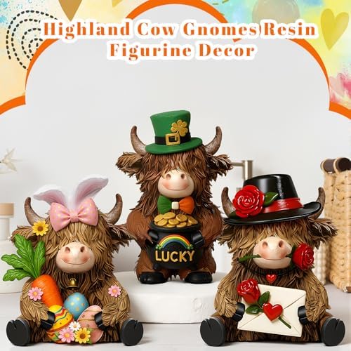 3 Pack Seasonal Resin Highland Cow Figurine St. Patrick's Day Easter Bunny Figurines Highland Cow Gifts Decor Resin Statue for Garden Table Shelf Home Decor Calf Gnome Herd Gifts
