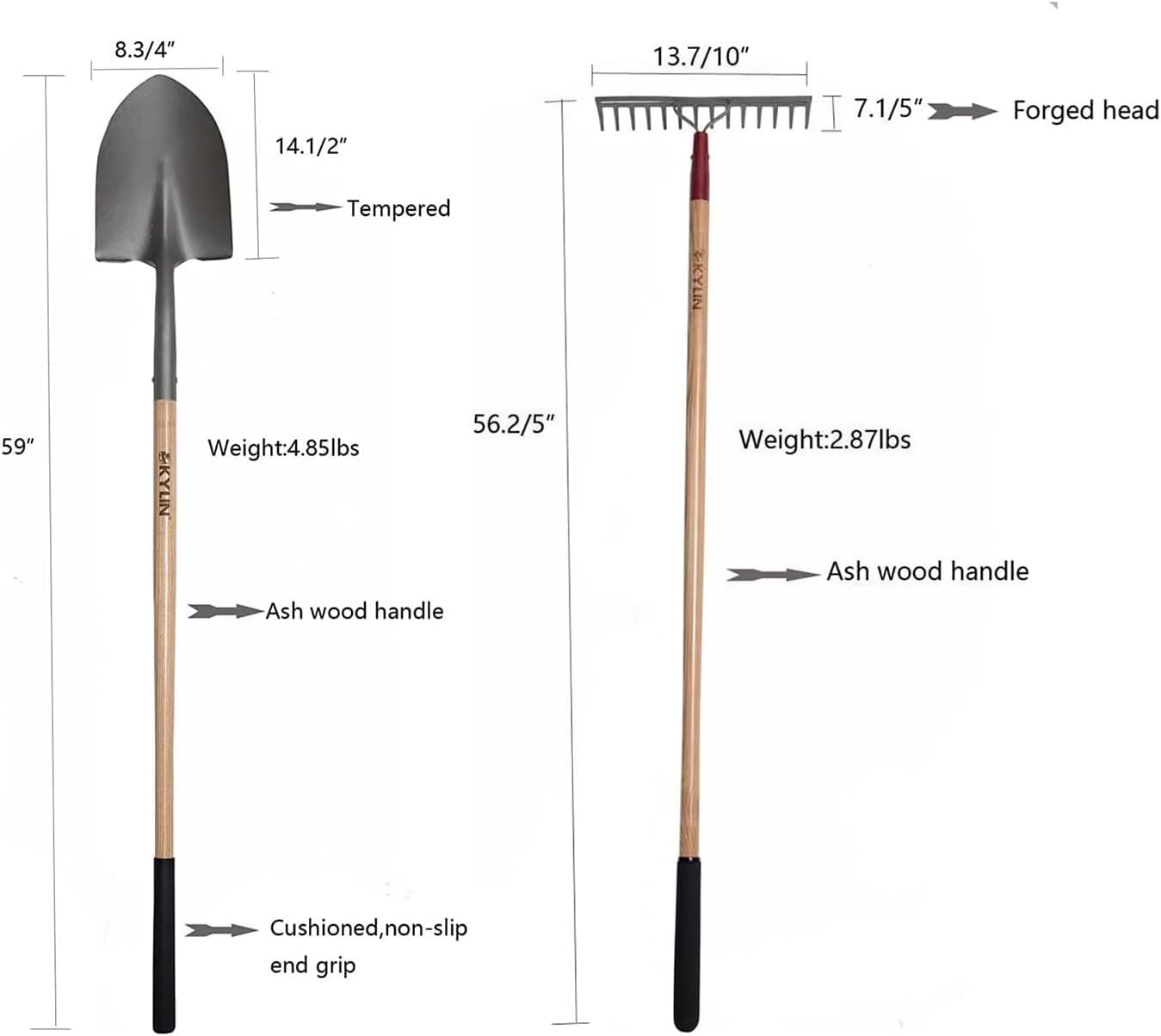 KYLIN 6-Piece Pro Long Ash Handle Garden Tools Set for Landscaping Agricture or Backyard,14-Gauge Shovels,Forged