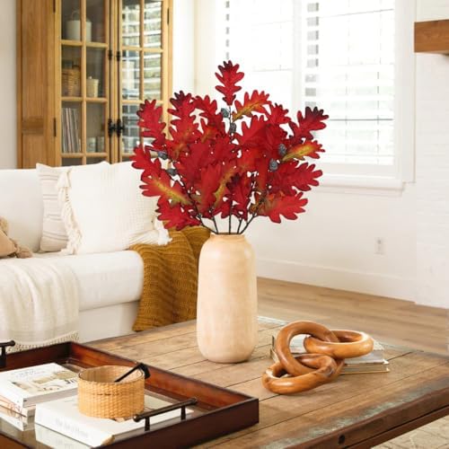 GnFlus 5 Pcs Artificial Fall Oak Leaves Stems 19.6” Fake Autumn Foliage Branches for Home Kitchen Farmhouse Vase Thanksgiving Table Centerpieces Party Halloween Decor Red