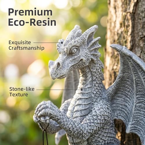Outdoor Solar Dragon Statue Tree Hugger, Gothic Gargoyle Statues Wall Sculpture with Haning Solar Lantern for Outdoor Patio Lawn, Fence Decoration, Dragon Outdoor Statues Fantasy Wall-Mounted Art