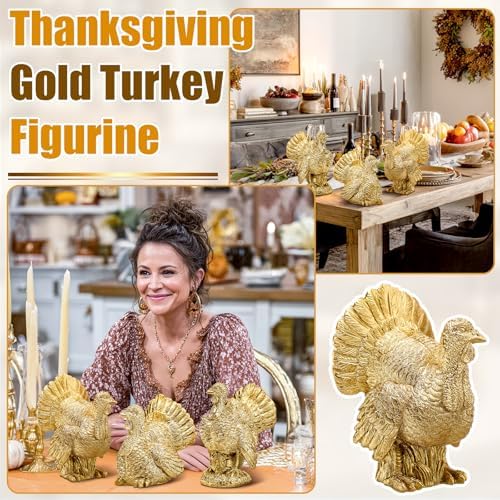 VioraWhite 3 Pack Fall Thanksgiving Turkey Decor Gold Resin Turkey Figurine