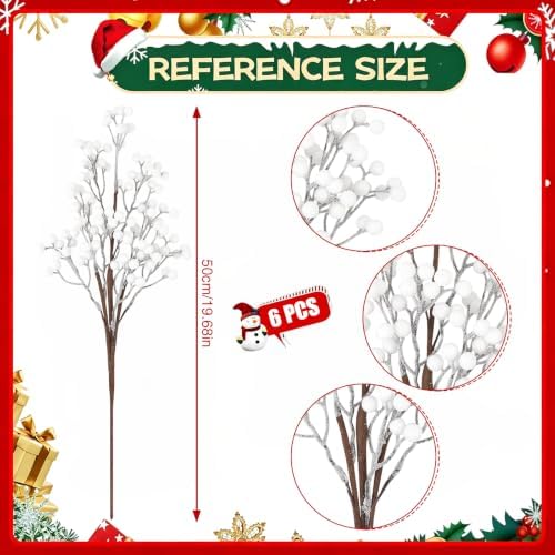 Fangoo Artificial Red Berry Stems, 6 PCS, 19.7 Inch, Burgundy Holly Berry Picks Branches for Christmas Tree, Wedding, Holiday Winter Decor (White)