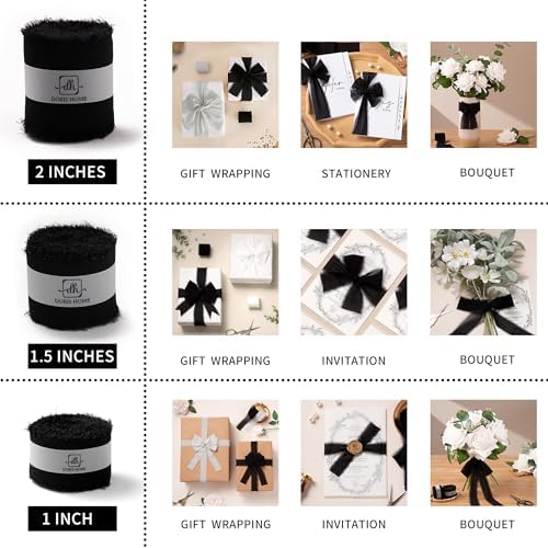 DORIS HOME Handmade Frayed Fringe Chiffon Ribbon 1" x 21Yd Black