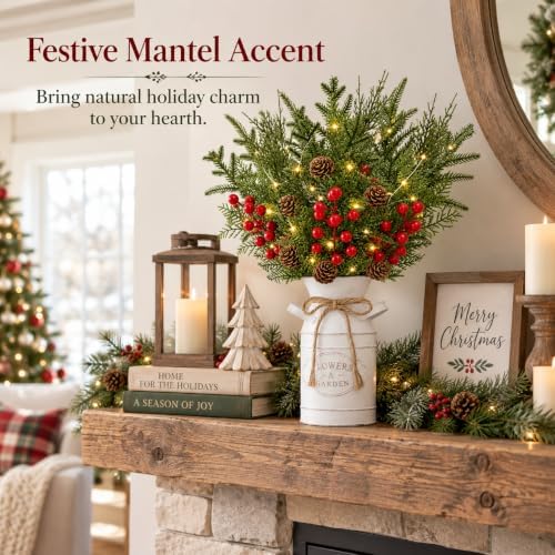 Christmas Table Decor with Metal Pot, Winter Xmas Centerpieces for Tables