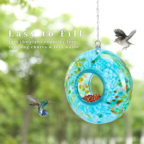 VCUTEKA Glass Bird Feeder, Fly Through Solar Feeders for Garden Decor, Blue