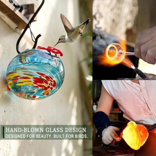 QFkris Blown Glass Hummingbird Feeder for Outdoors Hanging