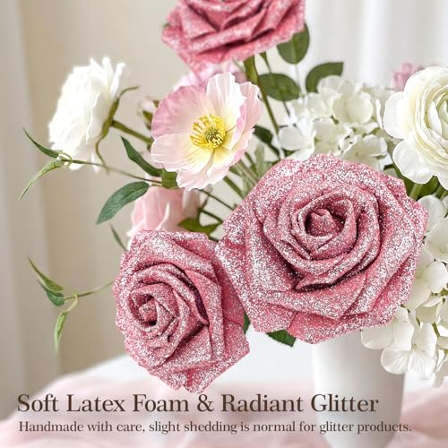 30PCS Pink Glitter Artificial Roses with Stems, Real Touch Foam Flowers