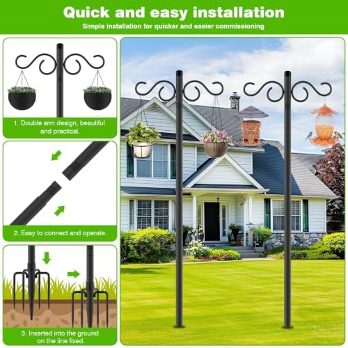RCUICA Double Shepherds Hooks for Outdoor,2 Pack 110Inch Bird Feeder Pole with 5 Prongs Base,Heavy Duty Shepherds Hook,Suitable for Garden in Hanging Flower Basket,Lantern,Bird Nests (110 inch)