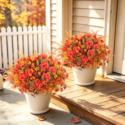 INQCMY 12 Pcs Artificial Mums for Outdoors Planters Fake Flowers Fall Decor