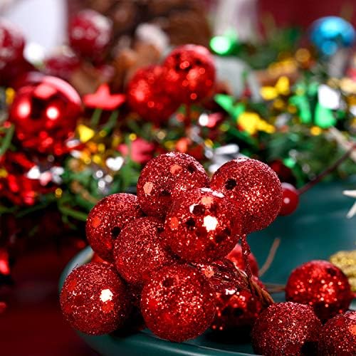 BBTO Artificial Holly Berries, 100 Pieces Mini 10 mm Fake Berries Decor on Wire for Christmas Tree Decorations Flower Wreath DIY Craft Use (Sequined Red)