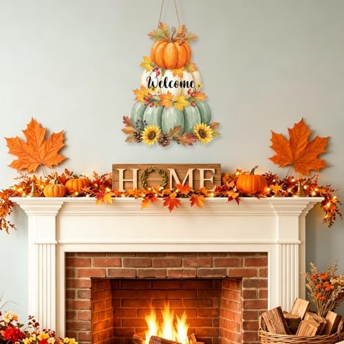 Fall Welcome Wreath Sign Wooden Pumpkins Maple leaves for Front Door