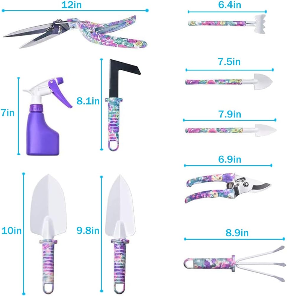 Gardening Tools, LEKEONE 10 Pieces Garden Tools with Floral Print, Ergonomic Handle Trowel Rake Weeder Pruner Shears
