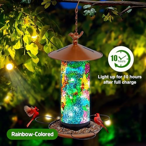 XDW-GIFTS Mosaic Solar Bird Feeder, Waterproof Lantern Shape with Hook & 4 LED Lights, Garden Decor for Lawn, Patio, Balcony, Yard Ornament - Unique Gifts for Mom,Women,Grandma,Bird Lovers