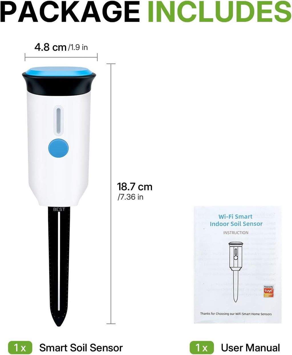Mcbazel WiFi Smart Soil Tester, No Hub Needed, Tuya/Smart Life App | Soil moisture & air temp, IP66 waterproof, 2 AA