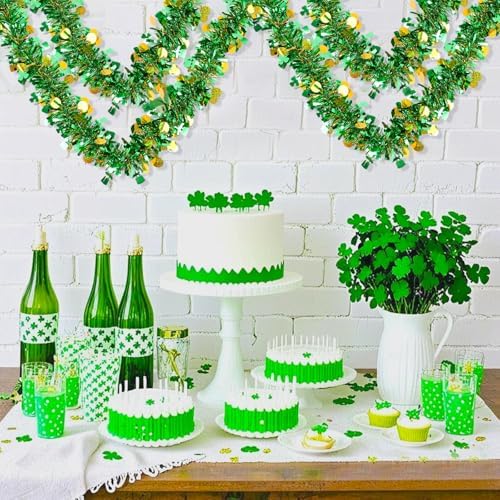 FOIMAS 33 Feet St Patrick's Day Tinsel Garland,Mentallic Green and Gold Shamrock Clover Hanging Garland with Hat Lucky Coin Confetti for St Patrick's Day Wreath Home DIY Craft Decoration, Green & Gold