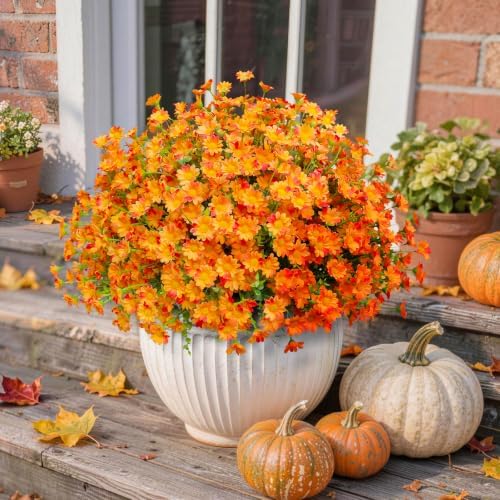 Artificial Fall Mums Outdoor Flowers, UV Resistant Faux Autumn Daisy Plants, Fake Orange Chrysanthemum Bush for Front Porch, Window Box, Patio Planter, Home & Garden (Daisy- Orange)