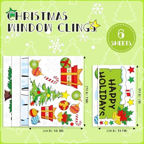 Whaline 6 Sheets Christmas Window Clings Xmas Tree Signpost Snowflake Window Decal Reusable Anti-Collision Windows Decor for Winter Home School Office Holidays Party Supplies