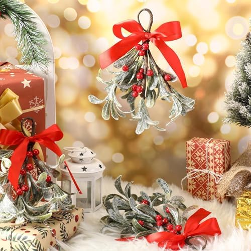 XunYee 12 Pcs Christmas Mistletoe Hanging Picks with Bow, Red Berries