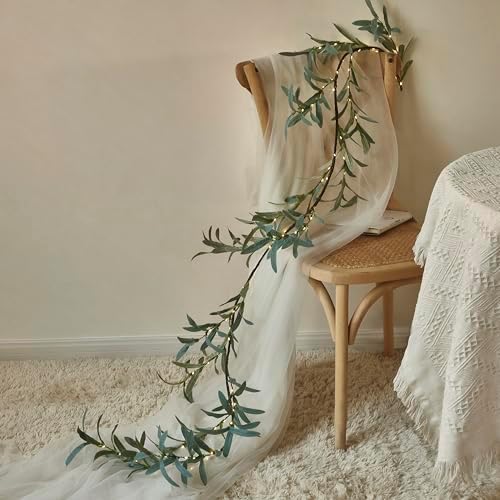 Hairui Lighted Artificial Olive Garland 6FT 96 LED Fairy Lights Battery Operated, Faux Vine Lights with Timer for Spring Christmas Holiday Fireplace Decor