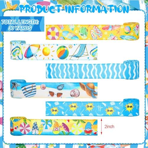 6 Rolls 30 Yards Summer Beach Wired Edge Ribbon Blue Yellow Burlap Stripes Ribbons Summer Beach Party Decorative for Bow Sewing Wreath Summer DIY Crafts Gift Wrapping Home Decor