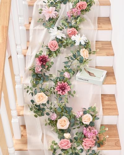 Waipfaru 8.85Ft Flower Garland, Eucalyptus Greenery Garland with Flowers, Pink Rose Floral Vines for Wedding Reception Table Mantle Room Spring Summer Decor (Pink) (Pack of 3)