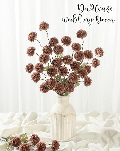 DuHouse 6pcs Faux Silk Pompon Mum Small Chrysanthemum Ball Mocha Brown