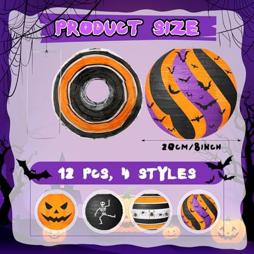 Halloween Paper Lanterns, 12 Pack, 8 Inch Hanging Party Decor, 4 Designs