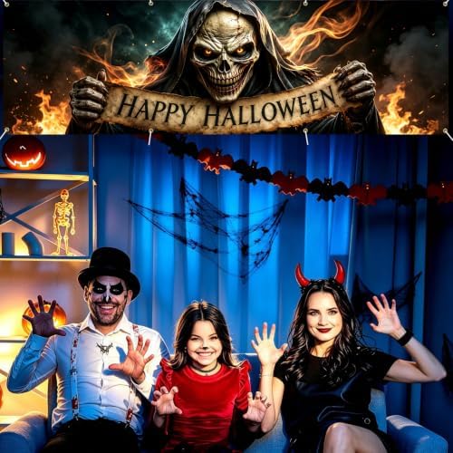 118"x35" Extra Large Happy Halloween Banner Big Spooky Halloween Backdrop for Giant Outdoor Yard Easy Hang with Ropes&Grommets–Perfect for Fence, Porch, Garden, Haunted House Party Signs (Fiery Skeleton, 118"x35")