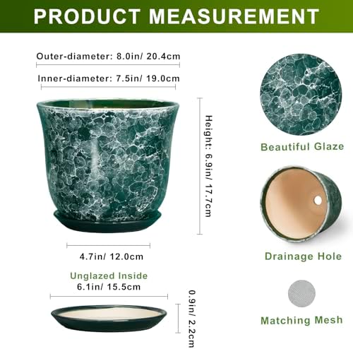 8 Inch Plant Pot - Ceramic Planter with Drainage Hole and Saucer, Round Planter for Indoor Outdoor, Modern Planters, Decorative Flower Pots, Office Room Home Decor, Plant Lover Gifts, Green