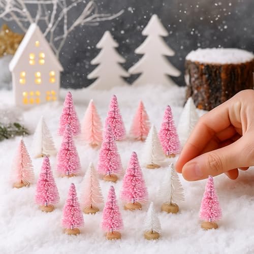 Sumind 72 Pcs Mini Christmas Trees Bottle Brush Sisal,Pink, White
