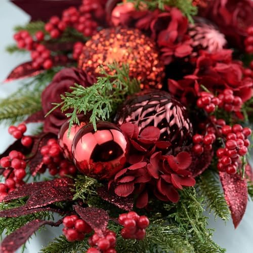 YULETIME 24" Christmas Teardrop Swag, Red Hydrangea Baubles 20 Fairy Lights