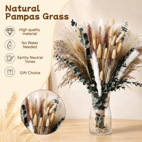 Bpole 92 Pcs Dried Pampas Grass, 13-15 inch Natural Pompas Boho Decor