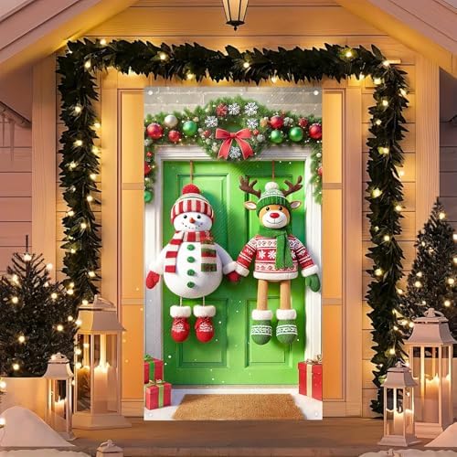 BlissYard Christmas Door Cover Reindeer Snowman 35x71 Inch Polyester