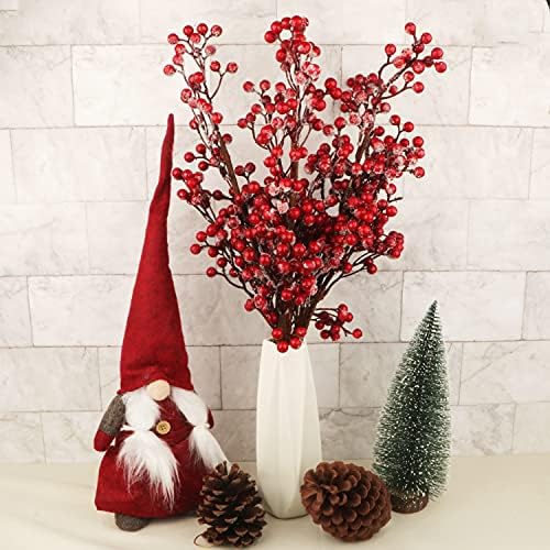Fangoo Christmas Artificial Long Snow Red Berry Stems, 6 PCS, 19.7 Inch