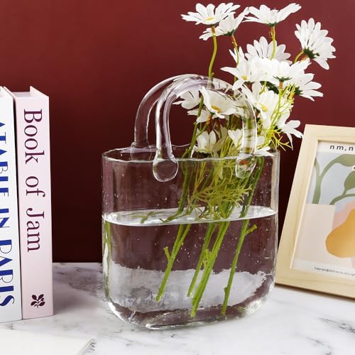 1Pcs Clear Glass Bag Vase for Flowers - Handmade Glass Purse Vase, Ideal for Centerpieces - Stylish and Functional Clear Glass Vase (Clear, 1PcsClear)