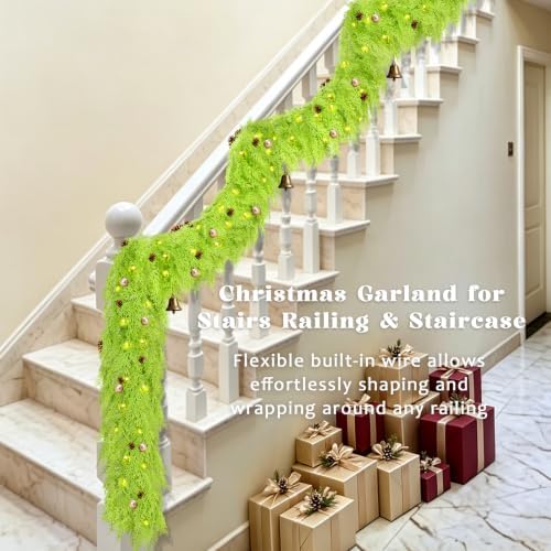 9FT Whimsical Christmas Cedar Garland for Mantel, Soft Touch with Lights