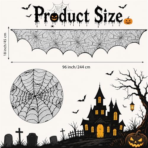 Halloween Fireplace Mantel Scarf,Lace Spiderweb Mantel,18 x 96 Inch