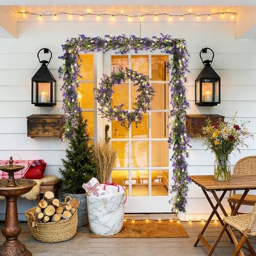 RECUTMS Faux Lighted Mantle Garland Purple Artificial Hanging Greenery 3Pcs