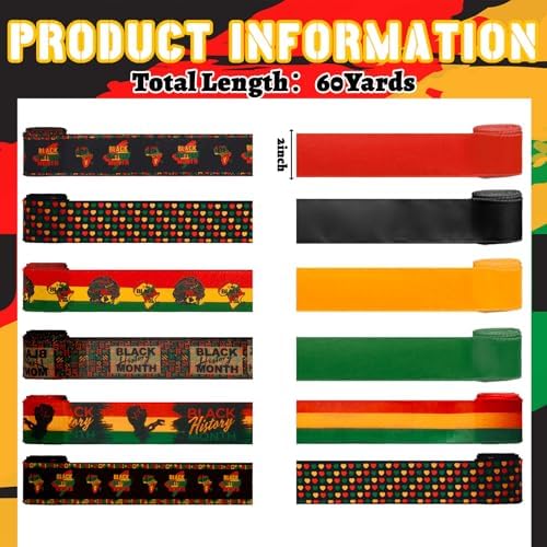 12 Rolls Black History Month Ribbons 2 Inch x 60 Yards Wired Edge Fabric Ribbons Craft Black History Month Themed Pattern Wrapping Crafts for DIY Gift Hair Bows Sewing Wreath 12 Styles