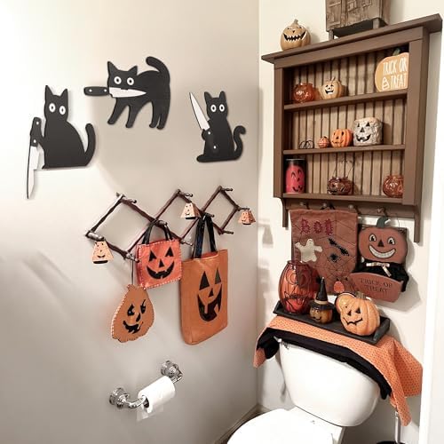 Dripykiaa Funny Black Cat Halloween Wall Decor Set, 3 Pcs Wooden Cats