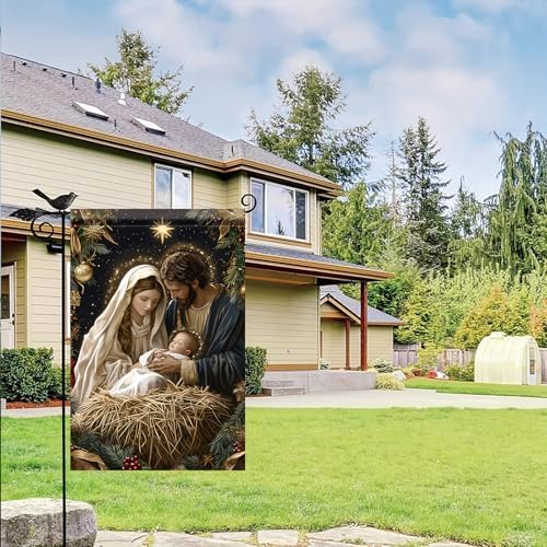 Christmas Garden Flag Holy Family Nativity Scene Jesus Mary Joseph 12x18 Inch Double Sided Outdoor Yard Banner for Religious Christmas Decoration Christian Birth of Christ Decor