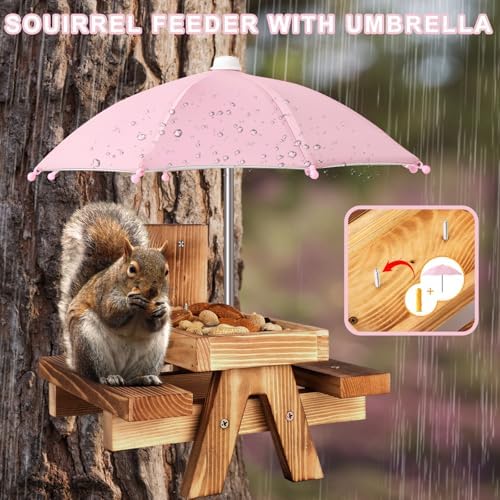 Gnodary Squirrel Feeder with Umbrella, Squirrel Feeders for Outside, Squirrel Picnic Table Feeder - Chipmunk Feeder Hold Corn, Corn Cob, Peanuts (Pink)