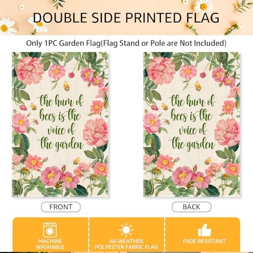 The Hum Of Bees Is The Voice Of The Garden Flags for Outside, Bees Friendly Garden Flag, Honey Bee Floral House Banner, National Pollinator Week Yard Sign Decor, Gardening Gifts for Bee Lover