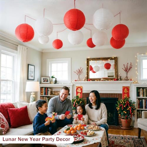 Red and White Paper Lanterns, 12Pcs 6-10 Inch Hanging Party Decorations