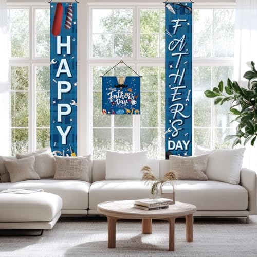 VitalCozy 3pcs Happy Father's Day Banner Blue Welcome Porch Signs Father's Day Hanging Door Banner for Indoor Outdoor Fathers Party Decoration Supplies